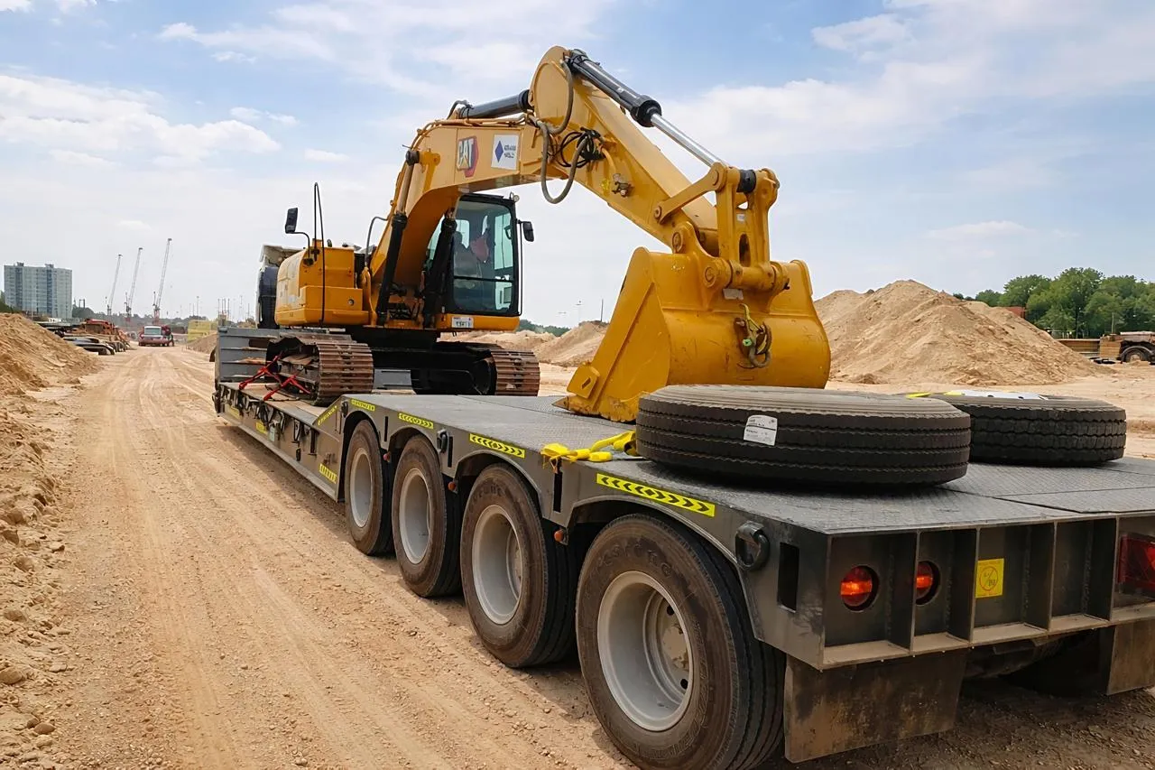 CAT excavator secured on an EQP AXIS multi-axle low-bed trailer