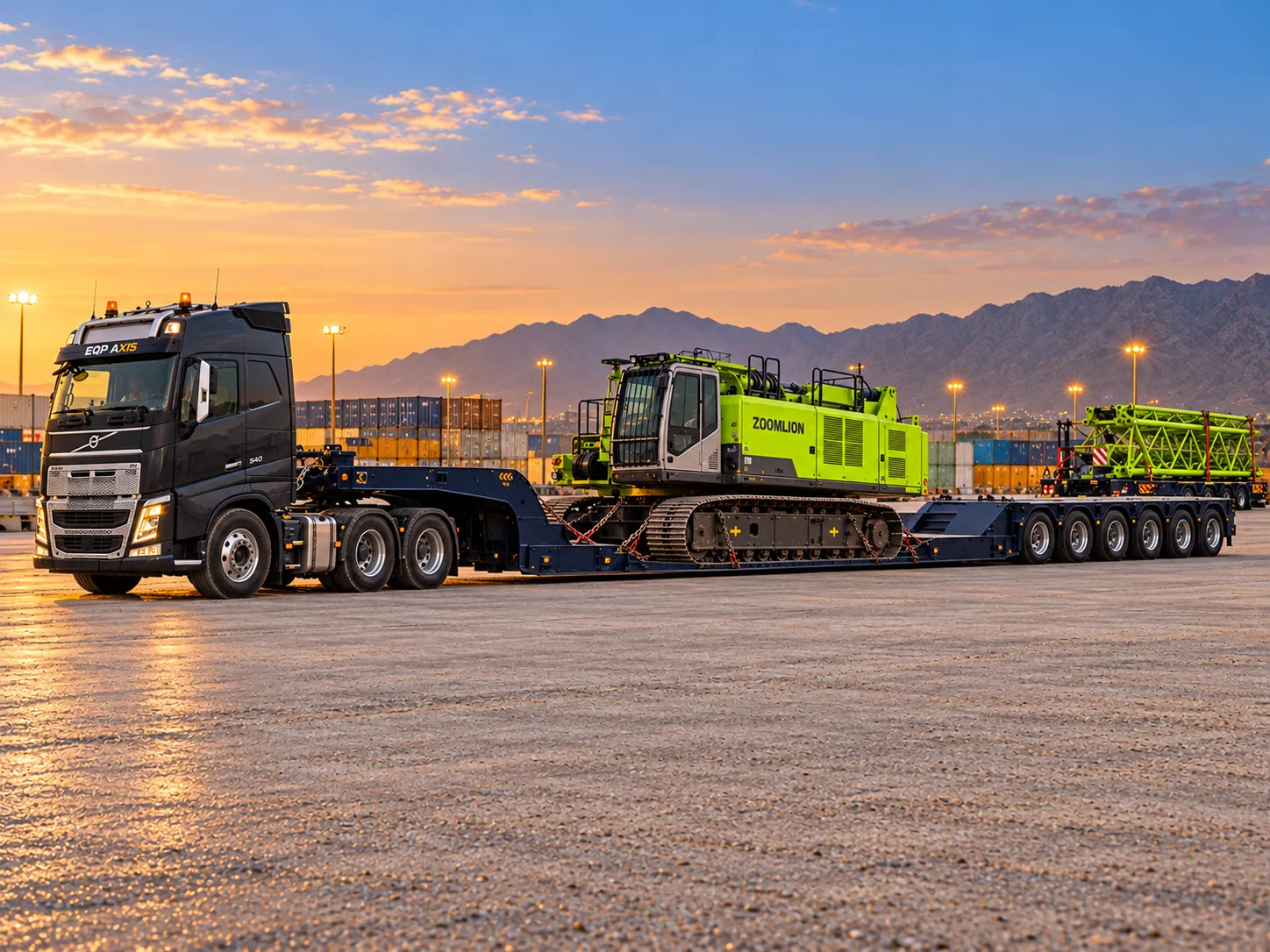 Lime-green Zoomlion crawler crane secured in the lowered deck of a six-axle low-bed trailer behind an EQPAXIS Volvo truck at dusk